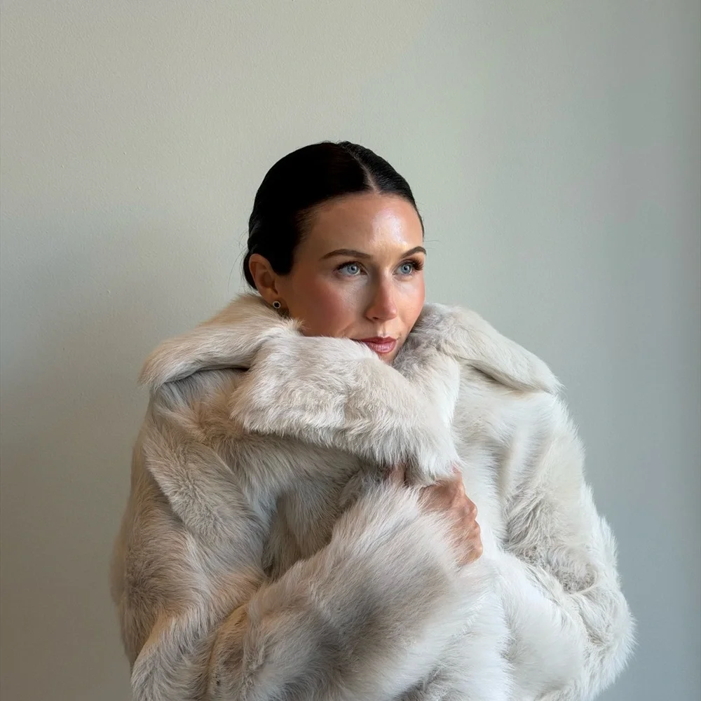 Nour Hammour Evita Long Luxurious Shearling Coat in Cloud - Picture 6 of 7